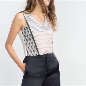 Zara abstract print pastel pink white crop top
